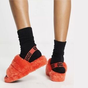 Ugg Fluff Yeah Slide Furry Fuzzy Slipper, Graphic Logo Elastic Strap Hazard sz 6